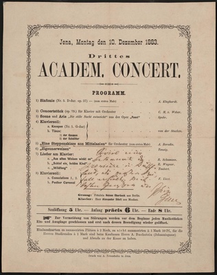 Программа Третьего академического концерта. Исполнение симфонической картины А.П. Бородина «В Средней Азии». Иена, 10 декабря 1883