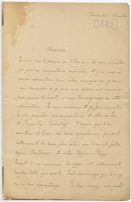 Т. Жадуль. Письмо А.П. Бородину. Льеж, 2 ноября 1883. Автограф
