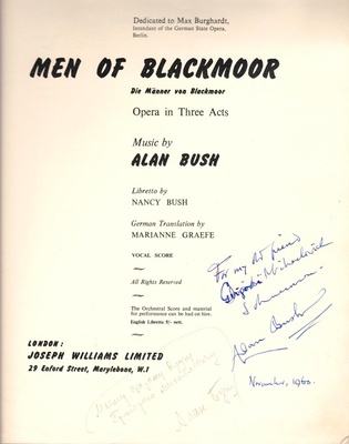 Титульный лист клавира оперы А.Д. Буша «Люди из Блэкмура» (1955) с автографом автора. Лондон, ноябрь 1960
